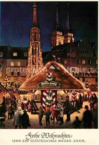 AK / Ansichtskarte Nuernberg Christkindlesmarkt Tuerme St Sebalduskirche Schoener Brunnen Lebkuchenhaus Weihnachtskarte Neujahrskarte Kat. Nuernberg