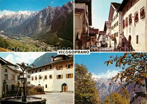 AK / Ansichtskarte Vicosoprano Gesamtansicht mit Alpenpanorama Strassenpartie Hotel Brunnen Kat. Vicosoprano