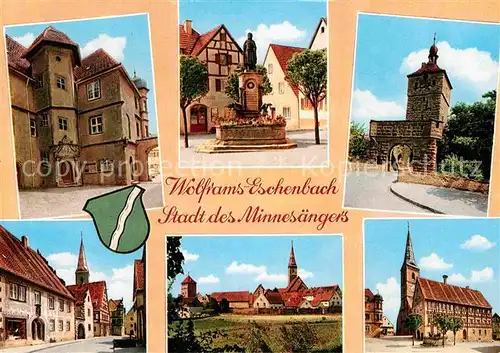 AK / Ansichtskarte Wolframs Eschenbach Teilansichten Kirche Brunnen Denkmal Turm Stadt des Minnesaengers Kat. Wolframs Eschenbach