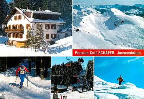 AK / Ansichtskarte Hafling Meran Pension Cafe Schaefer Jausenstation Wintersportplatz Langlauf Sessellift Tiefschneefahrer Alpenpanorama Kat. Avelengo Suedtirol