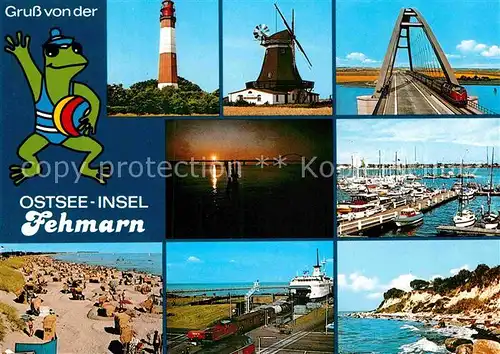 AK / Ansichtskarte Insel Fehmarn Leuchtturm Windmuehle Fehmarnsundbruecke Hafen Kueste Faehre Strand Frosch Karikatur Kat. Fehmarn