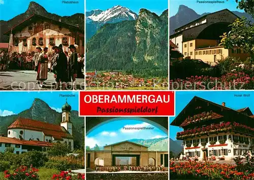 AK / Ansichtskarte Oberammergau Pilatushaus Pfarrkirche Passionsspielort Theater Spielhaus Hotel Alpen Kat. Oberammergau
