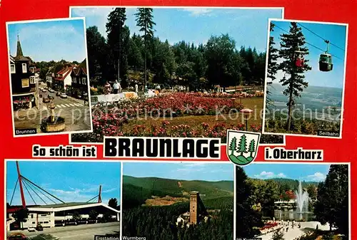 AK / Ansichtskarte Braunlage Brunnen Kurpark Seilbahn Wurmberg Schanze Eisstadion Kat. Braunlage Harz