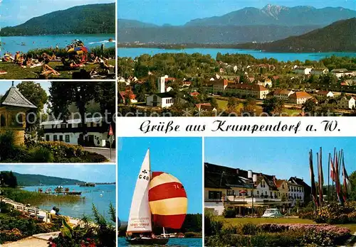 AK / Ansichtskarte Krumpendorf Woerthersee Panorama Kurort Badestrand Uferpromenade Segeln