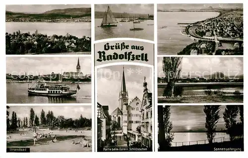 AK / Ansichtskarte Radolfzell Bodensee Strandbad Faehrschiff oesterreichisches Schloesschen Sonnenuntergang Kat. Radolfzell am Bodensee