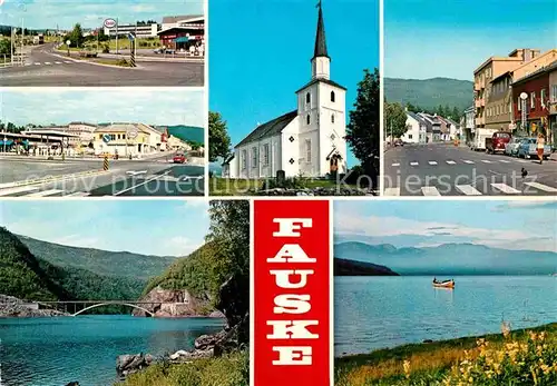 AK / Ansichtskarte Fauske Kirche Panorama Bruecke Tankstelle