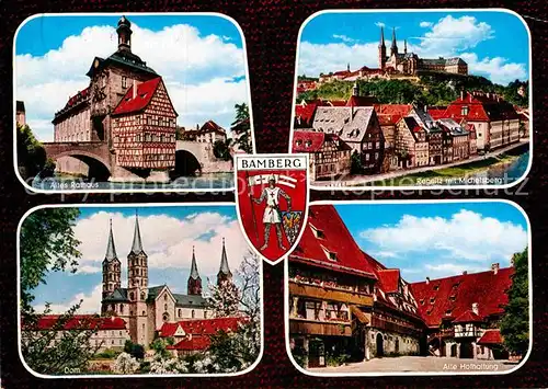 AK / Ansichtskarte Bamberg Rathaus Bruecke Fachwerk Pegnitz mit Michelsberg Alte Hofhaltung Dom Kat. Bamberg