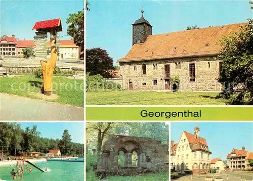 AK / Ansichtskarte Georgenthal Gotha Wanderwegweiser Kirche Waldbad Ruine des Zisterzienser Kloster Kat. Georgenthal