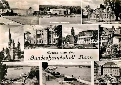 AK / Ansichtskarte Bonn Rhein Universitaet Bundeshaus Poppelsdorfer Schloss Muenster Platz Beethovenhaus Alter Zoll Rheinpromenade Rathaus Kat. Bonn