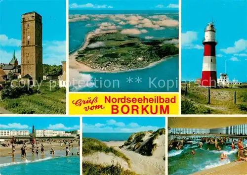 AK / Ansichtskarte Borkum Nordseebad Fliegeraufnahme Strand Leuchtturm Hallenbad Kat. Borkum