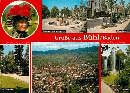 AK / Ansichtskarte Buehl Baden Bollenhut Trachten Brunnen Kirchplatz Hauptstrasse Stadtpark Luftaufnahme Kat. Buehl