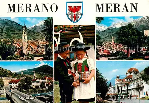 AK / Ansichtskarte Meran Merano Kurort mit Kirche Texelgruppe Bruecke Kinder Trachten Kurpromenade