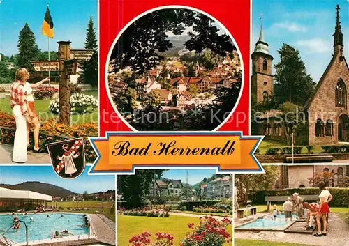 AK / Ansichtskarte Bad Herrenalb Wegweiser Stadtblick irche Schwimmbad Park Wassertretstelle Kat. Bad Herrenalb