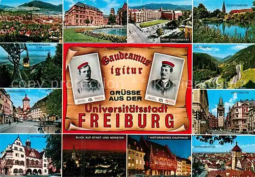 AK / Ansichtskarte Freiburg Breisgau Alte und Neue Uni Stadtgarten Schauinslandbahn Hoellental Oberlinden Martinstor Rathaus Stadtblick Hist Kaufhaus Schwabentor Kat. Freiburg im Breisgau