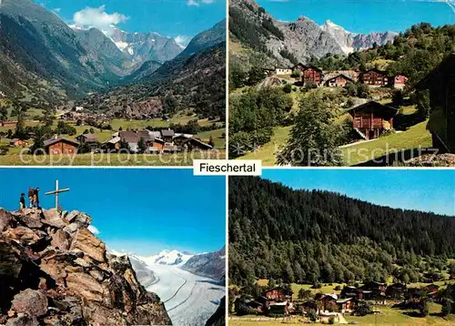 AK / Ansichtskarte Fieschertal Gesamtansicht mit Alpenpanorama Gipfelkreuz Gletscher Kat. Fieschertal