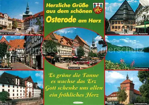 AK / Ansichtskarte Osterode Harz Waagestrasse Ratskeller Schlosskirche Soesetalsperre Rathaus Kat. Osterode am Harz