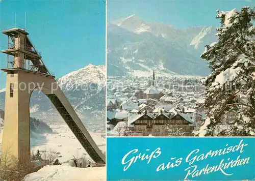 AK / Ansichtskarte Garmisch Partenkirchen Gesamtansicht mit Alpenpanorama Skisprungschanze Kat. Garmisch Partenkirchen
