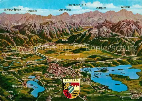 AK / Ansichtskarte Murnau Staffelsee und Umgebung gegen Bayerische Alpen aus der Vogelperspektive Wappen