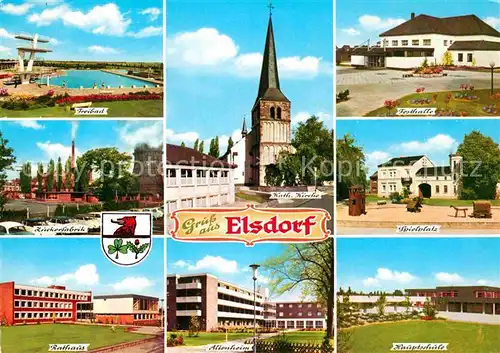 AK / Ansichtskarte Elsdorf Rheinland Freibad Zuckerfabrik Rathaus Kirche Altenheim Schule Spielplatz Festhalle Kat. Elsdorf