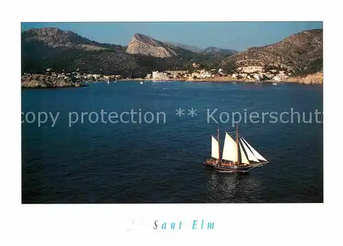 AK / Ansichtskarte Sant Elm Segelschiff Blick aufs Festland Berge Fliegeraufnahme