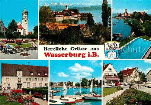 AK / Ansichtskarte Wasserburg Bodensee Kirche Schloss Schwimmbad Sparkasse Bootshafen Ortsmotiv Kat. Wasserburg (Bodensee)