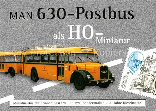 AK / Ansichtskarte Postbus Man 630 HO Miniatur Sondermarken 100 Jahre Dieselmotor Kat. Post
