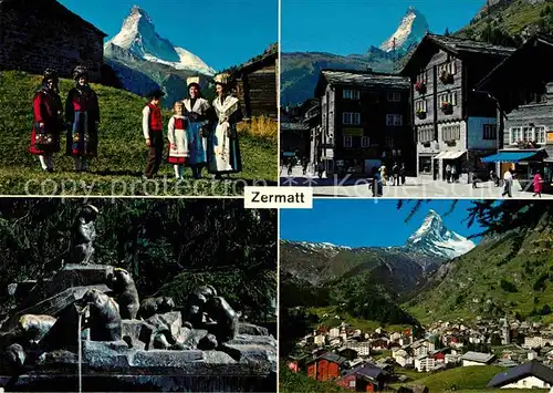 AK / Ansichtskarte Zermatt VS Trachtenfamilie Teilansicht Matterhorn Brunnen Kat. Zermatt