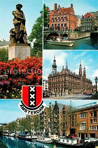 AK / Ansichtskarte Amsterdam Niederlande Rembrandt Denkmal Statue Frachthaeuser Hausboote Gebaeude Kat. Amsterdam