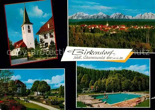 AK / Ansichtskarte Birkendorf Ortsmotiv mit Kirche Park Freibad Alpenkette Kat. uehlingen Birkendorf