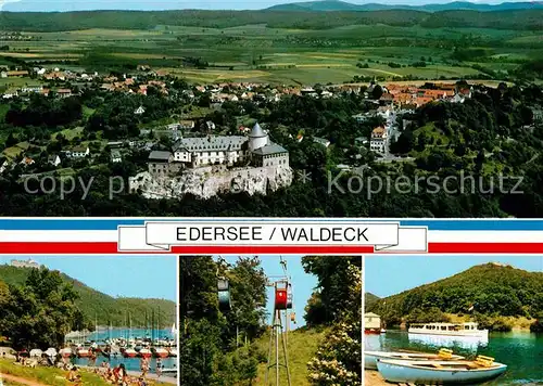 AK / Ansichtskarte Edersee Fliegeraufnahme Hafen Seilbahn Personenschiff Kat. Edertal