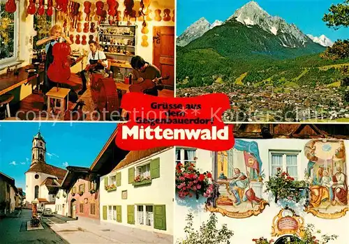 AK / Ansichtskarte Mittenwald Bayern Geigenbauwerkstaette Panorama Pfarrkirche St Peter und Paul Hausfassade mit Lueftlmalerei Kat. Mittenwald