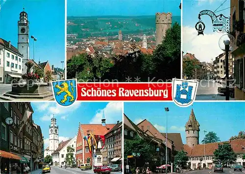 AK / Ansichtskarte Ravensburg Wuerttemberg Brunnen Kirche Stadtblick Strassenpartien Turm Kat. Ravensburg