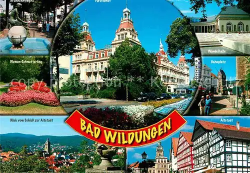 AK / Ansichtskarte Bad Wildungen Brunnennymphe Blumenschmetterling Schloss Altstadt Wandelhalle Hahnplatz Fuerstenhof Kat. Bad Wildungen