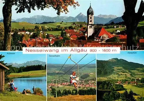 AK / Ansichtskarte Nesselwang Ortsansicht mit Kirche Alpenpanorama Alpspitze Sesselbahn Attlesee Kat. Nesselwang