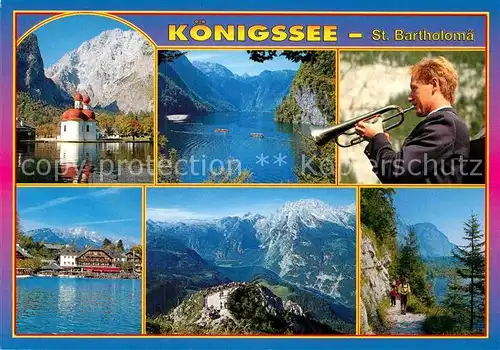 AK / Ansichtskarte Koenigssee St Bartholomae Malerwinkel Echoblaeser Seelaende Jennerblick Wanderer