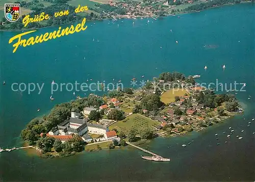 AK / Ansichtskarte Fraueninsel Chiemsee Fliegeraufnahme mit 1000jaehrigem Kloster Strandbad Rundweg Kat. Chiemsee