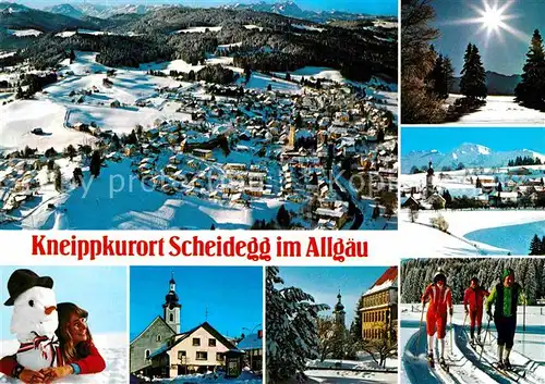 AK / Ansichtskarte Scheidegg Allgaeu Fliegeraufnahme Teilansichten Kirche Skilanglauf Kat. Scheidegg