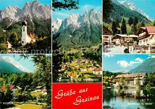 AK / Ansichtskarte Grainau Kirche Waxenstein Alpspitze Dorfplatz Kurpark Badersee mit Hotel Kat. Grainau