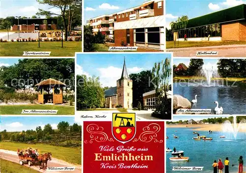 AK / Ansichtskarte Emlichheim Sportzentrum Altenzentrum Hallenbad Schwanenteich Pavillon Pferdewagen Wilsumer Berge Badesee Kirche Kat. Emlichheim