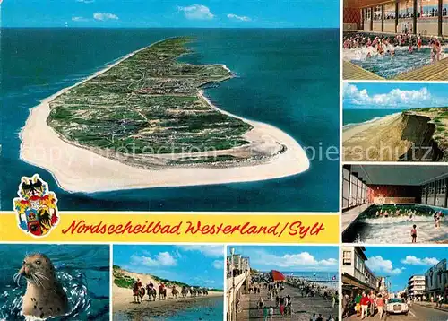 AK / Ansichtskarte Westerland Sylt Nordseeheilbad Insel Fliegeraufnahme Seehund Reiten am Strand Promenade Kueste Wellenbad Strassenpartie Kat. Westerland