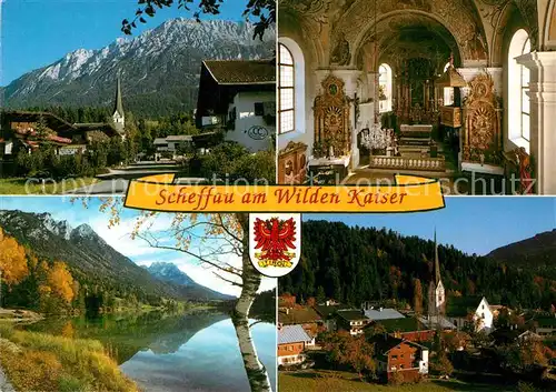 AK / Ansichtskarte Scheffau Wilden Kaiser Ortsansicht mit Kirche Innenansicht Bergsee Alpenpanorama Kat. Scheffau am Wilden Kaiser