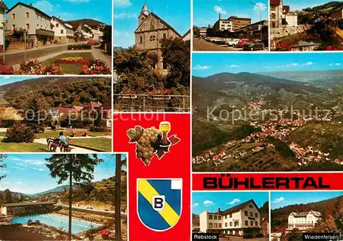 AK / Ansichtskarte Buehlertal Fliegeraufnahme Schwimmbad Kurgarten Kirche Rebstock Kat. Buehlertal