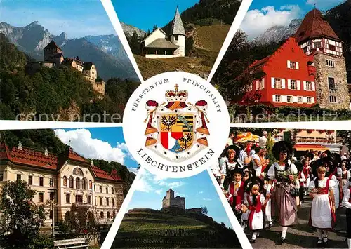AK / Ansichtskarte Liechtenstein  Staatswappen Schloss Vaduz Kapelle Steg Rotes Haus Schloss Gutenberg Kat. Liechtenstein
