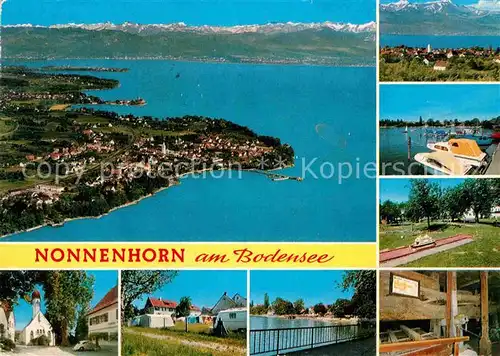 AK / Ansichtskarte Nonnenhorn Bodensee Fliegeraufnahme Kirche Campingplatz Minigolf Hafen Teilansicht 