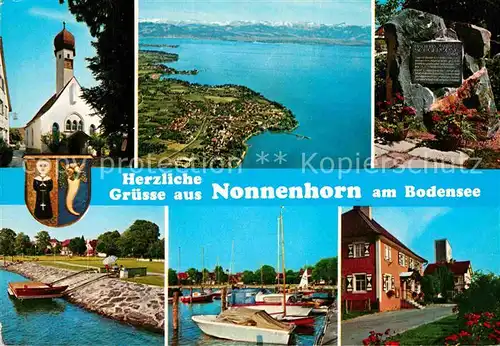 AK / Ansichtskarte Nonnenhorn Bodensee Fliegeraufnahme Kirche Hafen Anlegestelle Gedenkstein