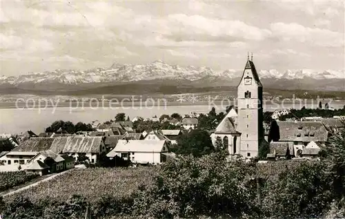 AK / Ansichtskarte Hagnau Bodensee Kirche Schweizer Alpen Kat. Hagnau am Bodensee