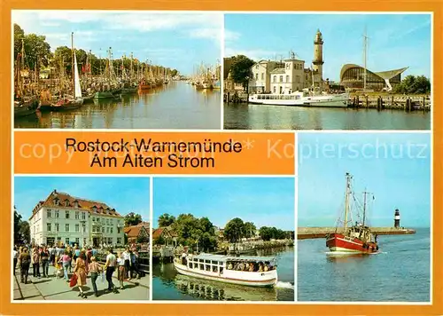 AK / Ansichtskarte Warnemuende Ostseebad Am alten Strom Leuchtturm Personenschiff Kaeppn Brass Kat. Rostock
