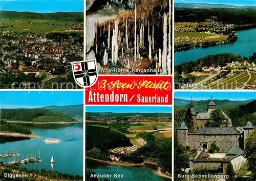 AK / Ansichtskarte Attendorn Drei Seen Stadt Atta Hoehle Kerzenhalle Listersee Ahauser See Biggesee Burg Schnellenberg Kat. Attendorn