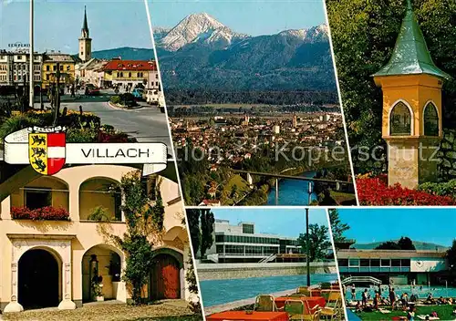AK / Ansichtskarte Villach Kaernten Gesamtansicht Kongressstadt Alpenpanorama Platz Kirche Bildstock Freibad Kat. Villach