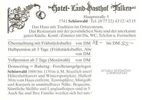 AK / Ansichtskarte Schoenwald Schwarzwald Hotel Landgasthof Falken Restaurant Kat. Schoenwald im Schwarzwald